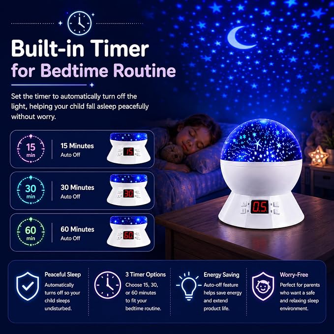 MOKOQI Star Projector Night Light for Kids, Rotating Stars Night Light Projector for Kids Bedroom, Star Projector with Timer, Light Up Stars for Ceiling, Star Machine Gift for Boys Girls Toddlers