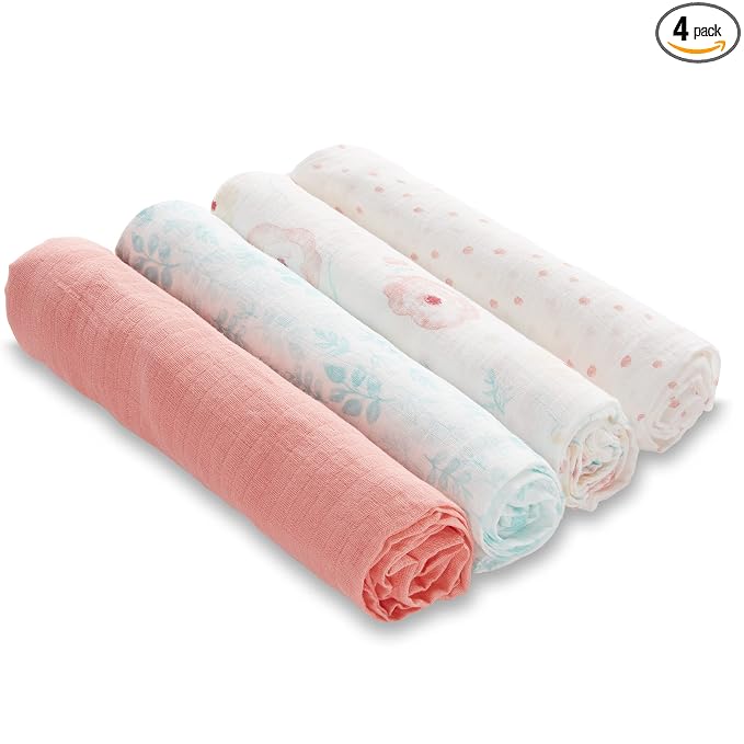 aden + anais Essentials Muslin Swaddle Blankets for Baby Girls and Boys, Newborn Receiving Blanket for Swaddling, 100% Cotton Baby Swaddle Wrap, 4 Pack, Full Bloom