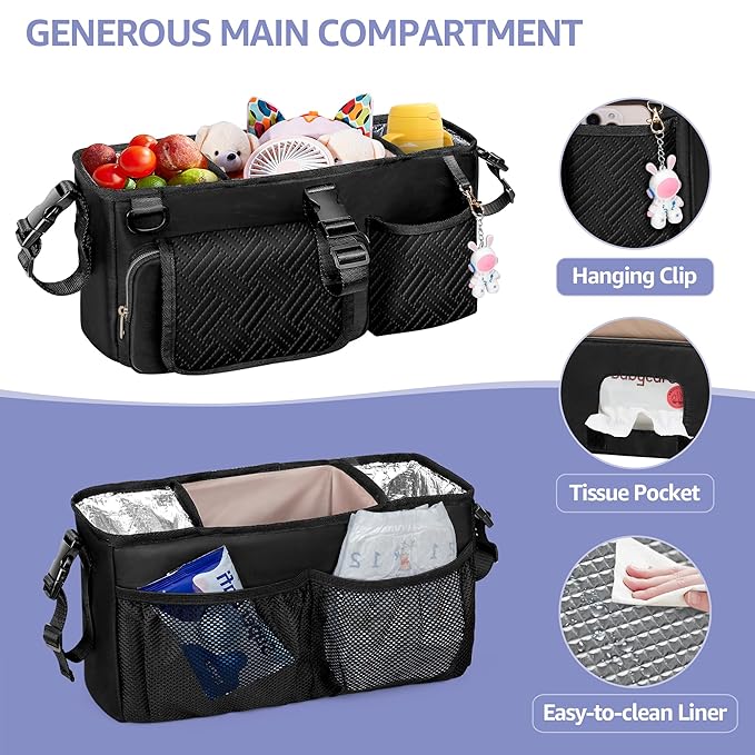 Parent Console Stroller Organizer Compatible with WONDERFOLD W2&W4&X, Wagon Stroller Caddy with 2 Insulated Cup Holders, A Removable Cooler Bag, Black (Empty Bag)