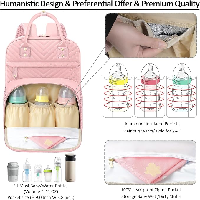 Tenot Diaper Bag Backpack Tote for Women Large Capacity, Baby Bag with Insulated Pockets Multifunctional Diaper Bags For Baby Girl Boy Waterproof Baby Bags For Boys Girls Maternity Bag Baby Pink