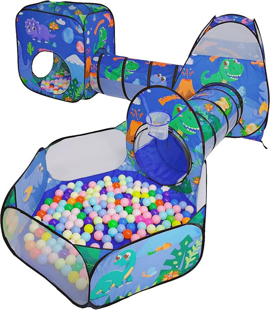 Gift 5PC Dinosaur Kids Play Tent with Ball Pit, Crawl Tunnel, Toddlers Playhouse Castle Toys, Baby Boys Girls Gift for 3 4 5 6 7 Years Old, Outdoor Indoor(Balls Not Included