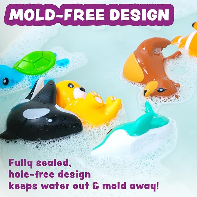 Tub Works® Marine??Mold Free Bath Toys, 6 Pack | Sealed, No Hole Bath Toys Design Keeps Moisture Out | Soft, Squeezable & Float on Water | Easy-Grip Baby & Toddler Bath Toy Set | Great Baby Pool Toys