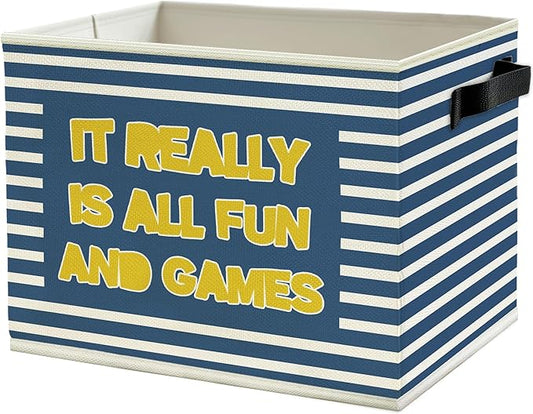 Funny Kids Nursery Playroom Storage Bins Box with Handles, It Really is All Fun and Games Blue Striped Collapsible Basket Organizer for Boys Toddler Kids Bedroom Bathroom Toys Books Clothes