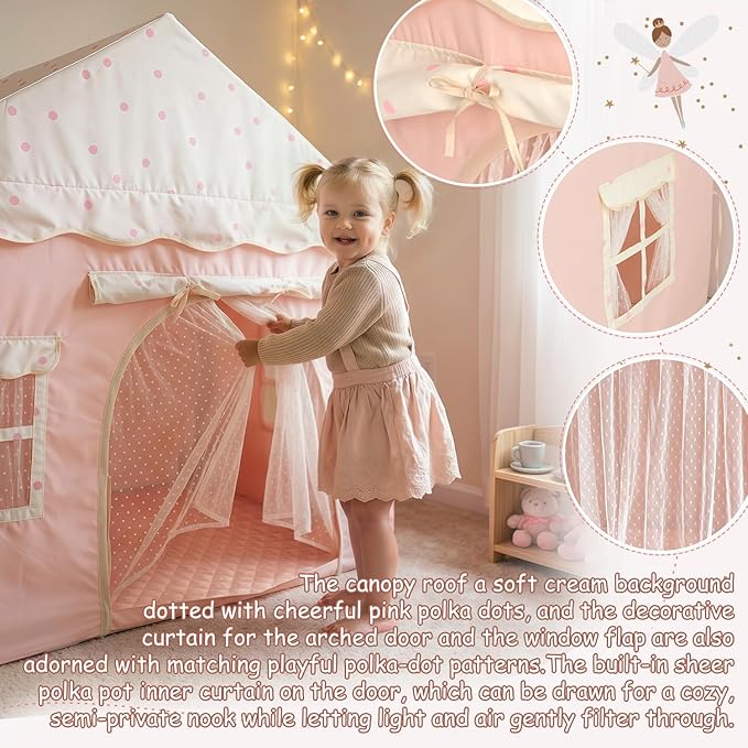Kids Play Tent with Double Door Children's Playhouse Tents - Portable Fantasy Adventure Castle for Girls, Kids Tent with Mat, House Toys for Girl Birthday, Christmas House Gift