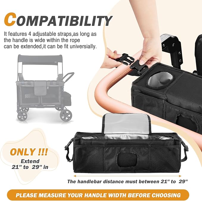 Parent Console Stroller Organizer for 4 seaters,Padded Wagon Parent Console with buckles,and large main storage pocket (19''Lx5''Wx6''H)