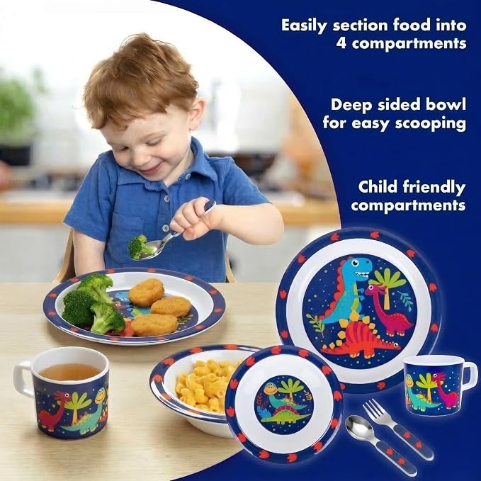 Bentology 5 Pc Mealtime Set for Kids - Dinosaur Theme - Includes Raised Edge Plate & Bowl, Cup, Fork & Spoon- Dishwasher Safe, BPA Free- Cute Durable Dish, Easy Self-Feeding- Gift for Toddlers