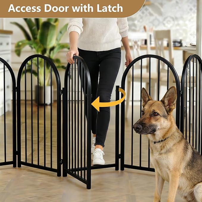 PUPETPO Full Metal Dog Gate with Door for Indoor Outdoor, 24" Tall Free Standing Pet Dog Fence, 72" Extra Wide Pet Gates for Stairs, Hallways, Doorways, Kitchen, Decks, Yards (Black, 4 Panels)