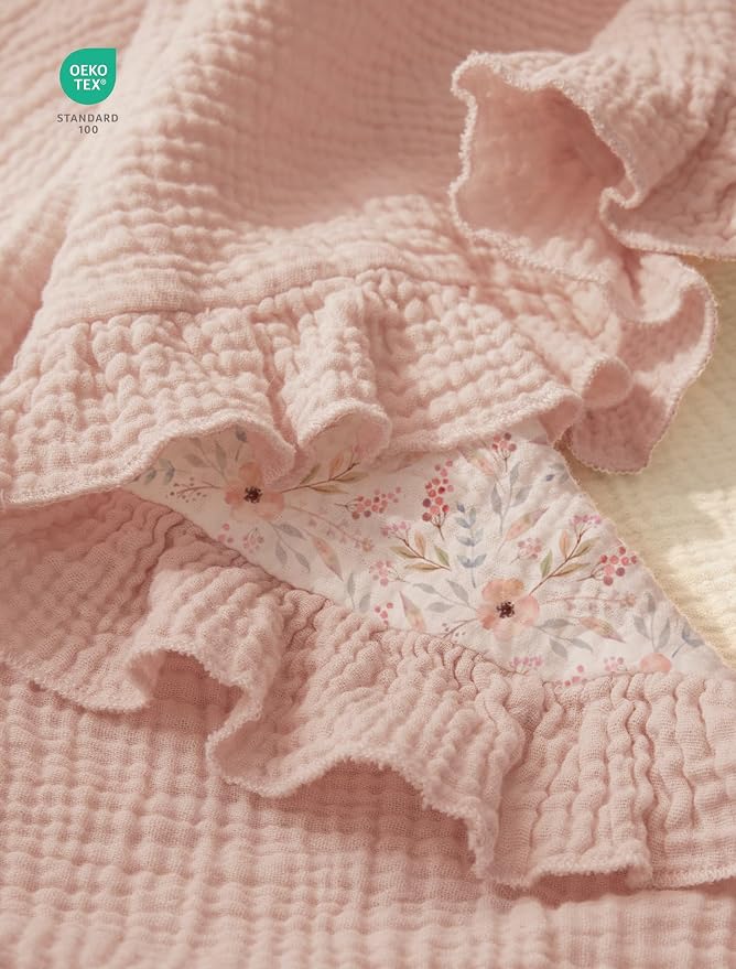 lulumoon Muslin Baby Blanket for Girls: Soft Breathable Cotton Crib Blanket with Ruffle - Floral Print Lightweight Receiving for Wrap Newborn & Nursery Stroller 40"x36"(Pink Flower)
