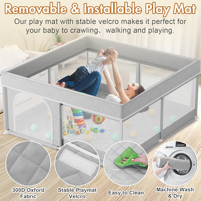 Omzer Baby Playpen with Mat 50x50inch: Large Playpen for Babies and Toddlers Indoor Safety Play Pen with Soft Breathable Mesh - All-Wrapped Sponge Sturdy Play Yard with Stable Magic Sticker