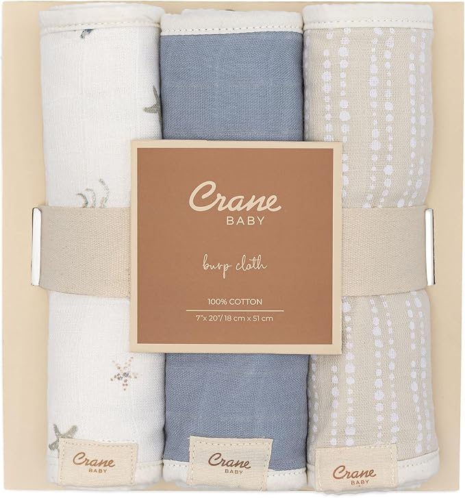 Crane Baby Muslin Baby Burp Cloths, Lightweight Absorbent Burp Cloth, Sea Life Jellyfish, Set of 3, 7” x 20”, Newborn Baby Essentials, Burp Cloths Baby Boy, Burp Cloths Baby Girl, Newborn Essentials