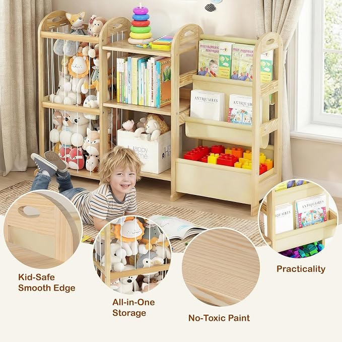Kids Bookshelf and Toy Storage Organizer, 3-Tier Book Shelf with Stuffed Animal Storage, Kids Toy Book Storage for Bedroom Playroom, Wooden Toy Organizer with 3 Shelves, 49.4" W
