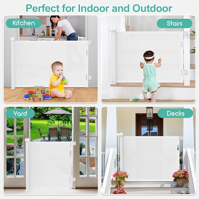 71 inch Retractable Baby Gates, EZIGO Extra Wide Baby Gate for Large Opening Extra Long Mesh Gate for Kids or Pet Dog Gate Child Safety Gate for Stairs Hallways Doorway Indoor Outdoor, White