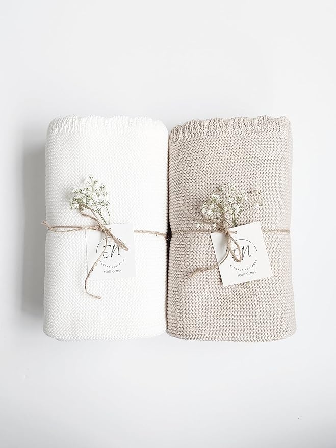 100% Cotton Knit Baby Blanket, Baby Knits, 100cm×60cm, Elegant and Nuetral Very Soft Cotton Blanket, 0-12 Months Baby, Oat.
