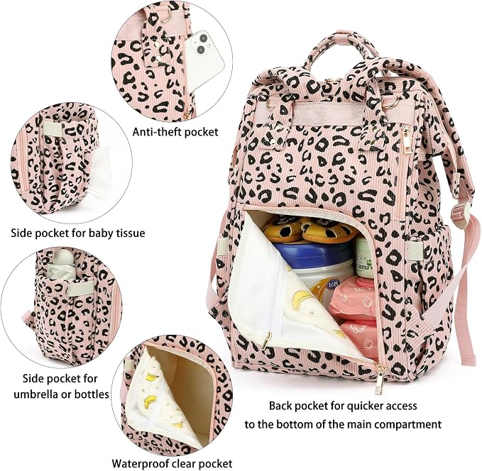 Corduroy Diaper Bag Backpack for Baby Girls Boys, Women Large Nappy Bags for Mom (Pink Corduroy Leopard)