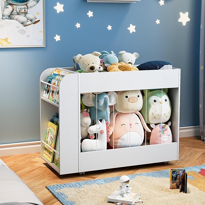 3-in-1 Toy Storage Box with Bookshelf and Chalkboard, Large Stuffed Animal Toy Chest on Wheels, Kids Toy Storage Organizer Bin for Kids Room, Nursery & Playroom, for Kids, White
