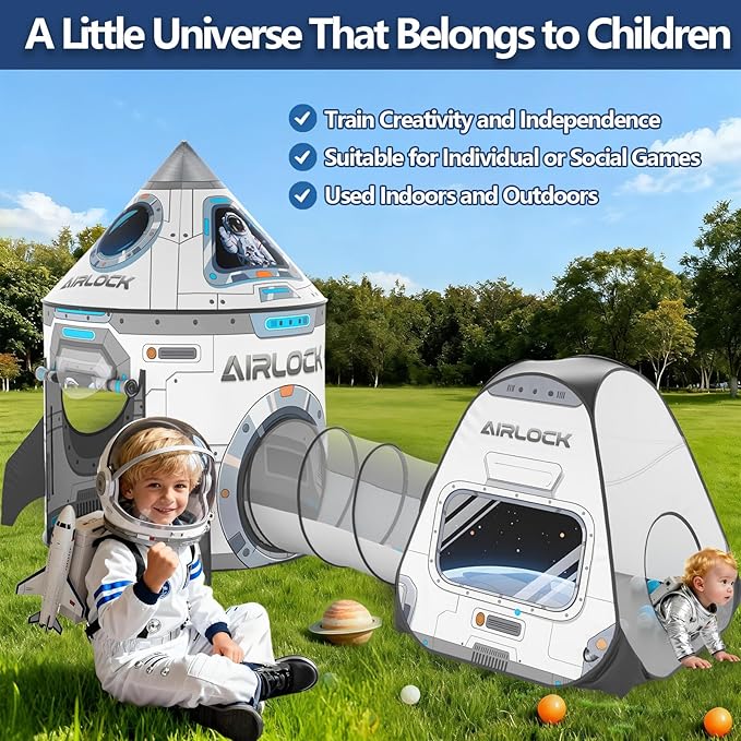 3Pcs Kids Rocket Play Tent for Boys: Pop Up Toddlers Spaceship Playhouse with Baby Crawl Tunnel, Ball Pit and Castle Tent - Children Game Tent Toys Indoor and Outdoor for Birthday