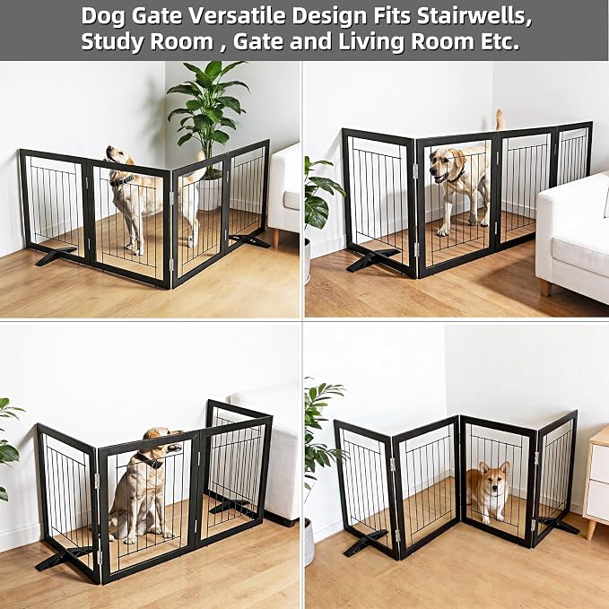 Dog Fence Indoor - 4-Panel Freestanding Dog Gate for Doorways, Hallways, House or Stairs -80x32-Inch Retractable Foldable Expandable Wood Pet by SFJC (Black)