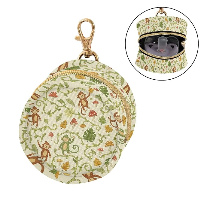 Monkeys Mushrooms Leaves Jungle Baby Pacifier Holder Case with Clip Portable Pacifier Storage Organizer Round Container Pouch Box Fits Diaper Bag Stroller Purse