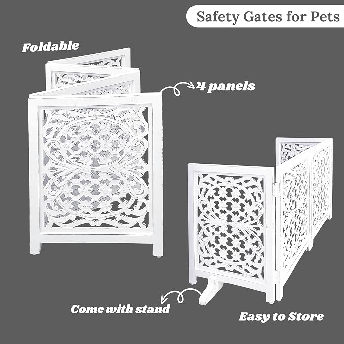 Lightnpro Foldable Carved Wooden Dog Gate with Stopper - Freestanding Indoor Pet Barrier for Home, Adjustable Dog Fence for Stairs, Doorways & Hallways - 24x18 Inch (4 Panels) Antique White