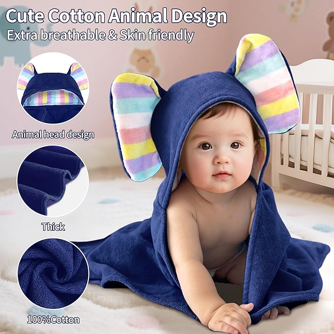 VOOVA & MOVAS Navy Baby Bath Towel with Cute Elephant Ears Hood ??Super Absorbent, 100% Cotton, 420GSM ??33" x 31.5", Pink ??Thick Towel for 0??8 Months ??Newborn, Toddler, Infant, Baby Essentials