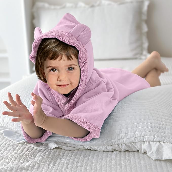 VOOVA & MOVAS Baby Hooded Towel with Bear Ear, 0-24Months | 100% Cotton,Low Lint, Ultra-Soft & Absorbent | Gentle for Sensitive Skin, Bath, Pool & Beach Towel | Newborn (Pink)