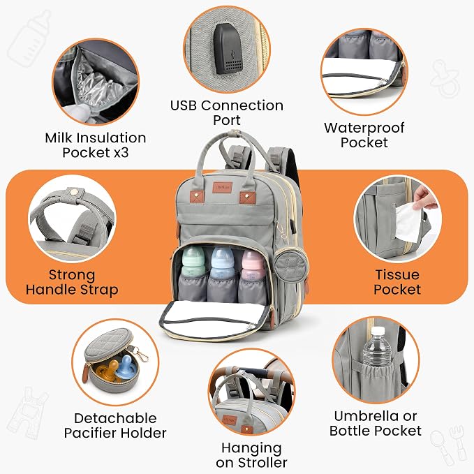 Diaper Bag Backpack with Changing Station | 600D Oxford Waterproof Baby Bag for Mom & Dad | Large Baby Diaper Bag Boy Girl | 16 Pockets, USB Charging Port, Foldable Pad