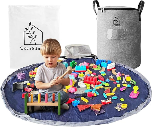 Portable Toy Storage Basket & Play Mat with Pocket Label - 9.3 Gallon Toy Organizer - Leather Handles, 60" Playmat - Toy Bag for Boys & Girls, Playroom, Grey
