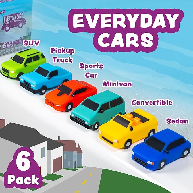 Tub Works® Everyday Cars??Watertight Baby Bath Toys, 6 Pack | Sealed, No Hole Bath Toys Design Keeps Moisture Out | Soft, Squeezable & Floating Fun | Infant, Baby & Toddler Bath Toys | Car Tub Toys