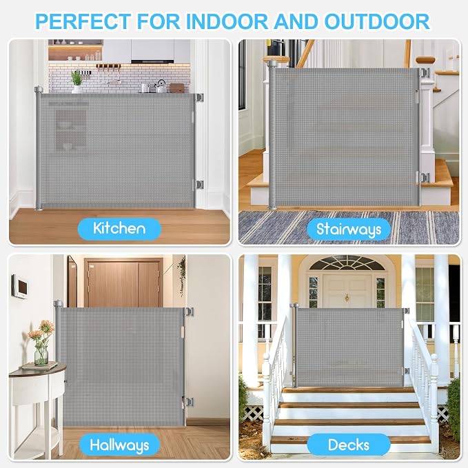 55 Inch Retractable Baby Gates Extra Wide, 41 Inch Reinforced Extra Tall Gate Mesh Safety Gate for Kids Pets, Retractable Dog Gate Baby Retractable Gate for Stair Hallway Doorway Indoor Outdoor, Gray