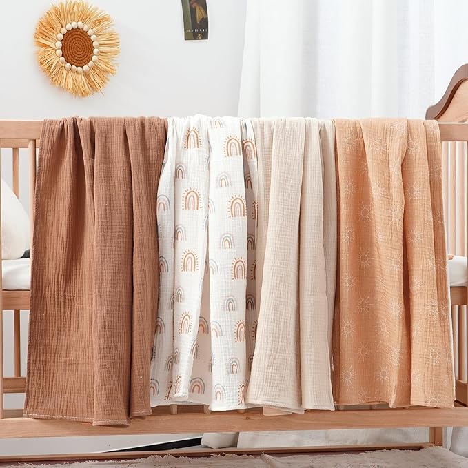 Happy Flute 4Set Muslin Swaddle Blankets??œUltra Soft Baby Blanket for Newborns,Receiving Blankets for Baby Girls & Boys??œBaby Essentials 0-3 Years,40x40inches (Sun)