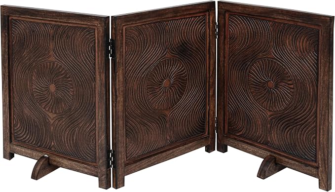 Freestanding Pet Gate for Dogs, Foldable Wooden Dog Gate for House, Indoor Dog Gate for Stair, Doorway, Carving Design Gates for Dogs Indoor, 54 Inch Wide, (18" x3 Panels =54 inch), Burnt Finish
