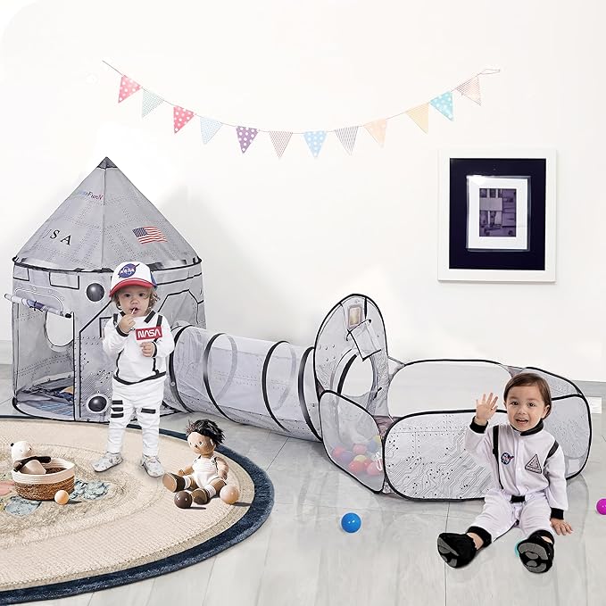LimitlessFunN 4pc Space Rocket Ship Kids Pop Up Play Tent, Crawl Tunnel, Ball Pit | Includes Star Lights & Carrying Case |, Children Indoor Castle Playhouse for Boys, Toddlers, 47" D x 126" W x 53" H