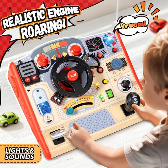Toddler Busy Board Toy for Steering Wheel with Sounds & Lights, Sensory Montessori Toy for 3 Year Old Boys Girls Birthday Present, Wooden Travel Toys for Kids Ages 3