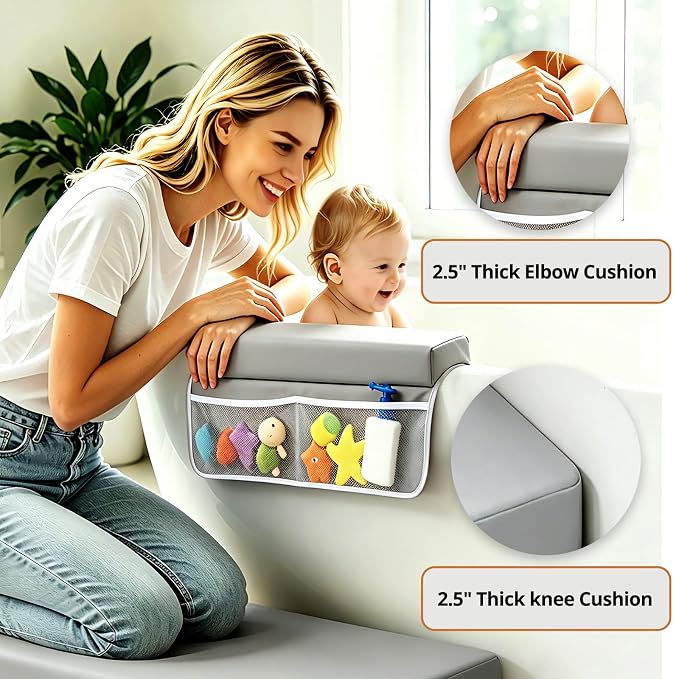 Baby Waterproof Vegan Leather Bath Kneeler and Elbow Rest Pad Set | Thickened Non-Slip Memory Foam Knee & Arm Support Bathtub Mat with Toy Organizer for Infant Toddler Bathing