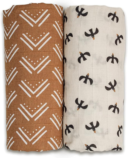 Lulujo Baby Swaddle Blankets | Unisex Softest Breathable Cotton Muslin Swaddle Blanket Set | Neutral Receiving Blanket for Girls & Boys | 40in x 40in | Mudcloth & Blackbirds | 2-Count