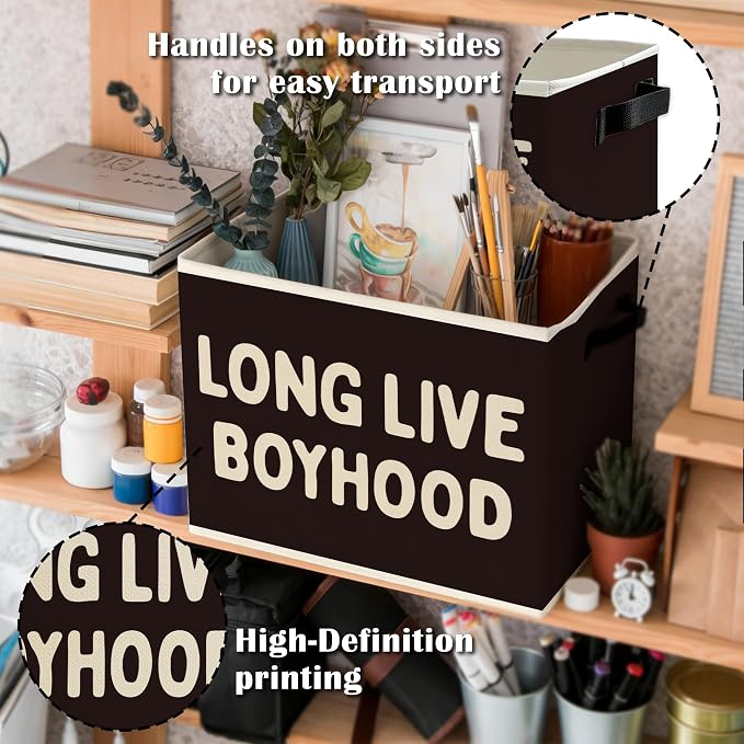 Long Live Boyhood Boys Storage Bins Box with Handles, Pattern Collapsible Basket Organizer for Kids Teen Boy Nursery Room Bedroom Bathroom Playroom Toys Books Clothes