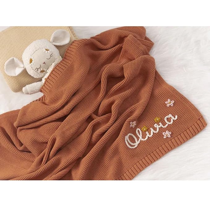 ZXH Personalised Baby Blankets,Custom Hand Embroidered Blankets,Name Blanket,Baby Name Knits -Soft Breathable Cotton Knitted Blanket Newborn Baby Gift