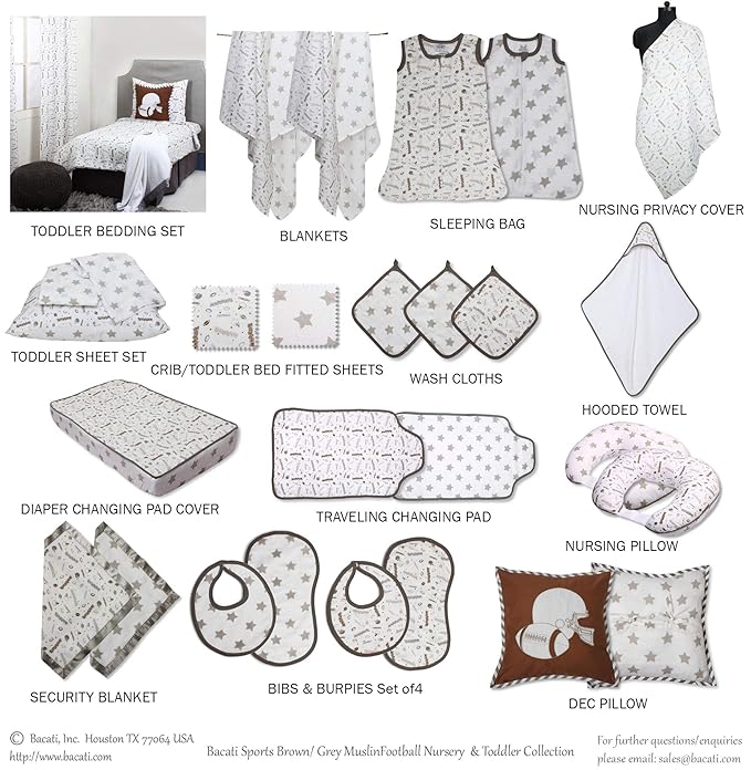 Bacati - 4 Pack Sports Baby Swaddle Blankets Boys Swaddle Wrap Soft Breathable Cotton Muslin Swaddle Blankets Receiving Blanket for Boys, Large 45 x 45 inches (Football Brown/Grey)