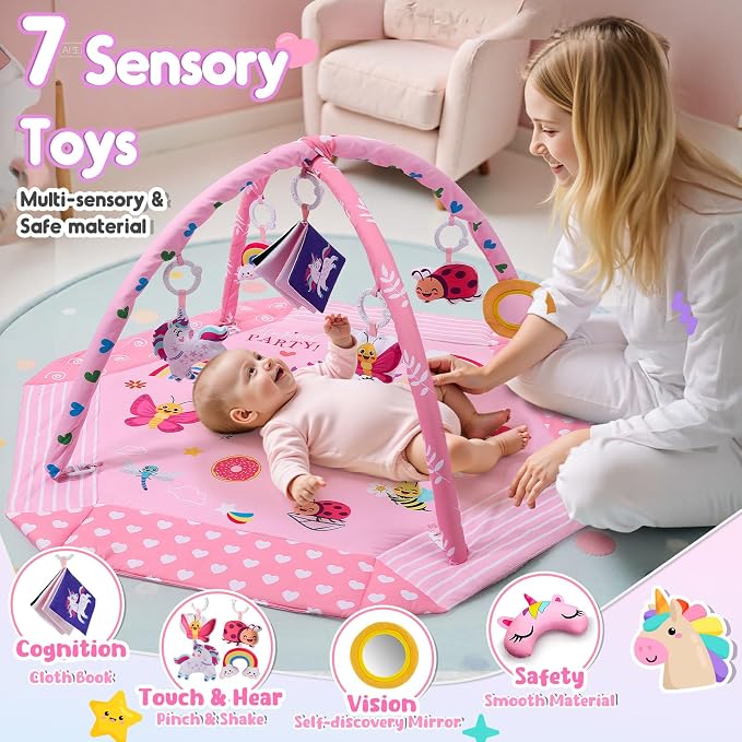 Windidi Unicorn Baby Gym Play Mat, 9-in-1 Tummy Time Mat with 7 Baby Toys, Washable Baby Activity Mat for Visual, Sensory, Motor Development, Newborn Baby Toys Gift for Toddler 0-3-4-6-9-12 Months