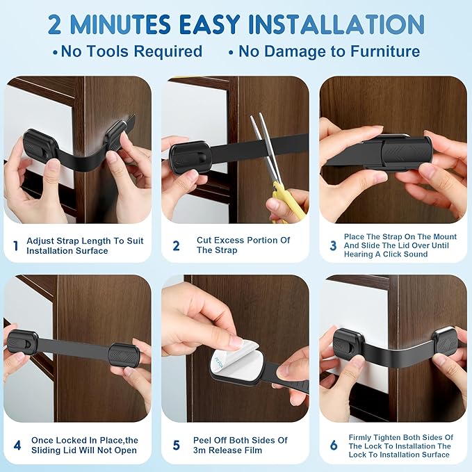 10 Pack Cabinet Locks Baby Proofing, SOGUDE Child Proof Cabinet Locks with 3M Adhesive Child Safety Locks for Refrigerator, Doors, Drawer Locks No Drilling, Cabinet Locks for Babies- Black