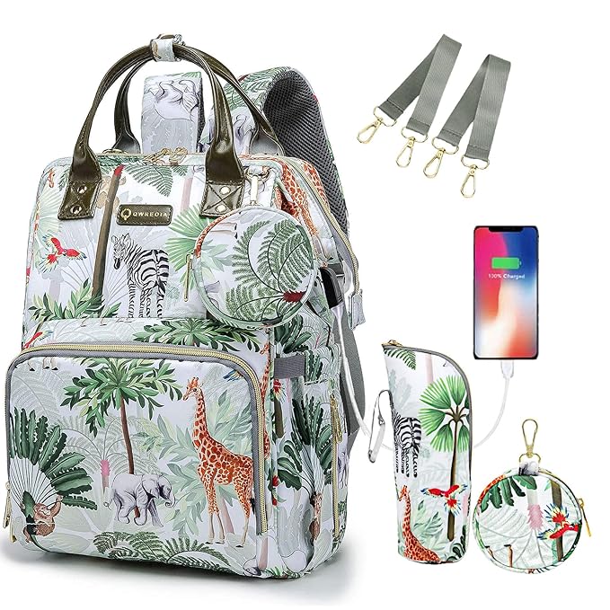 Tropical Rainforest Diaper Bag Backpack,Animal Nappy Backpack with Coin Bag USB Charging Port Stroller Straps and Insulated Pocket For Women/Mom/Travel (Animal Pattern)