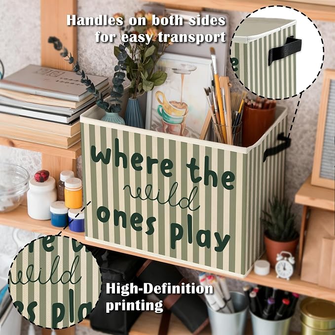 Green Stripe Boho Classroom Storage Bins Box with Handles, Where the Wild Ones Play Collapsible Basket Organizer for Kids Playroom Nursery Bedroom Bathroom Toys Books Clothes
