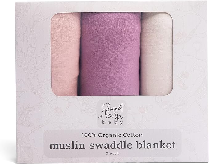 Muslin Swaddle Blanket ??Soft Cotton Muslin Baby Blanket for Newborns, Infants, and Toddlers, All-Season Comfort Baby Essential - Pink, Purple, White