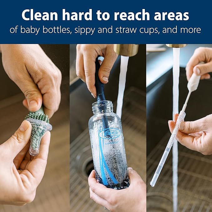 Dr. Brown's Silicone Cleaning Brush Set with Bottle, Spout, and Straw Brush, 3 Brushes to Clean Baby Bottles, Spouts, Nipples, and Straws, BPA Free ??3-Pack