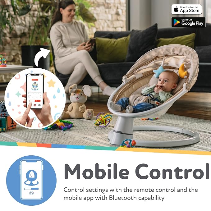Nuby Baby Swing with Canopy and Remote - 5-Level Infant Swing with Soothing Sounds and Mobile App Control - 0-9 Months - Tan