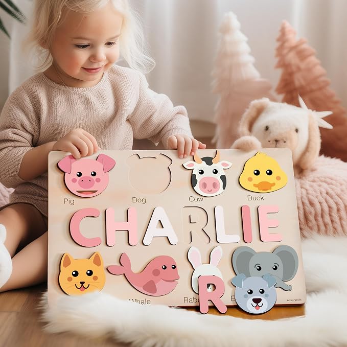 Cute Name Puzzle: Personalized with Name and Animals | 1st Birthday Gift, Wooden Toy Playful Learning Experience for Kids Ages 0-3: Handmade by Zuzu Puzzle, CPC Certified