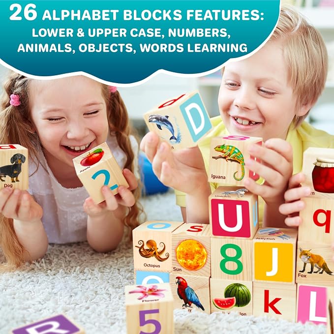 QUOKKA Wooden Toys for Toddlers – 3X Animal Puzzles & 35 Alphabet Blocks – Montessori Toys for Kids Ages 1-5 – Educational Set for Learning Letters, Numbers, Animals & Motor Skills