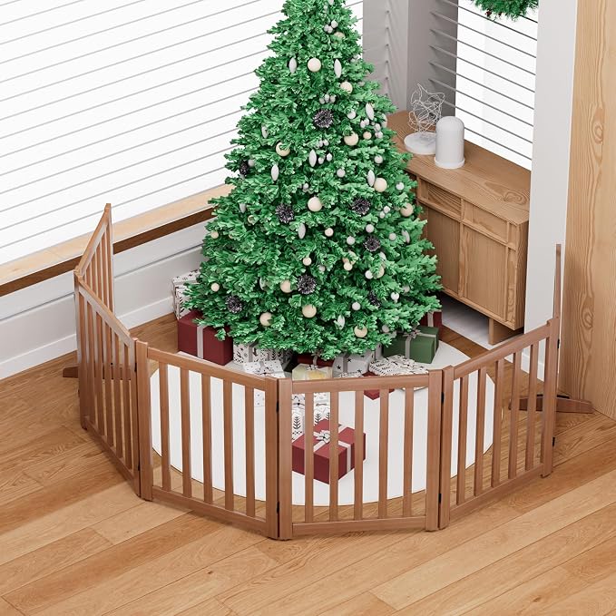 Wooden Freestanding Foldable Dog Gate, 24 Inch Height 6 Panel Pet Gate No Drill for Doorways Stairs, Fully Assembled Indoor Puppy Fence (Brown, 120" W x 24" H)