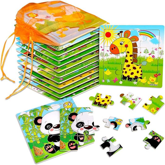 SANNIX 12 Pack Jigsaw Puzzles for Toddlers Wooden Animals Jigsaw Puzzles 9 pcs with 12 Organize Bags for Kids Ages 2 3 4 5 Preschool Educational Puzzles Learning Travel Toys for Boys and Girls