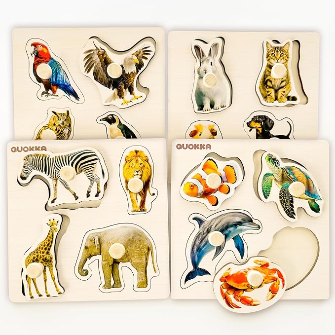 QUOKKA Wooden Puzzles for Toddlers 1-3 - Animal and Birds Learning Toy for Kids - Birds, Animals, Fish, Buttefly Montessory Toys